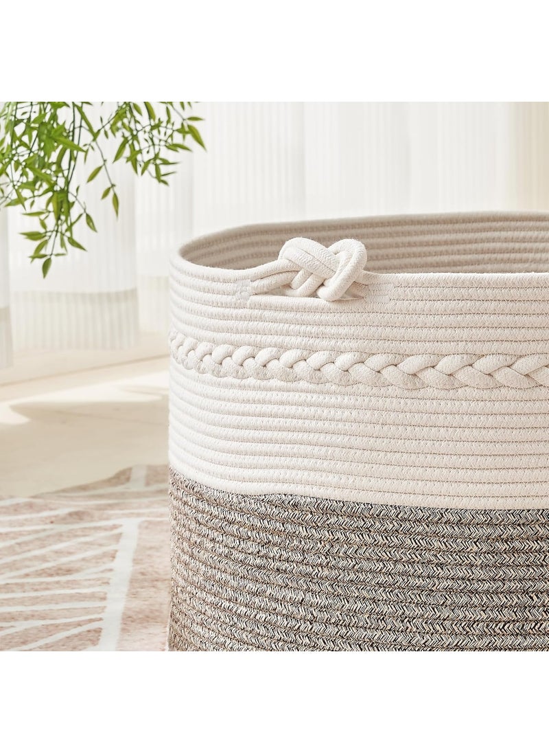 KAKAMAY Large Blanket Basket 20x13Woven Baskets for storage Baby Laundry Hamper Cotton Rope Blanket Basket for Living Room Laundry Nursery Pillows Baby Toy chest WhiteBeige