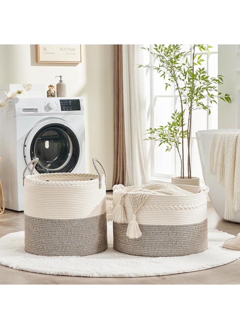 KAKAMAY Large Blanket Basket 20x13Woven Baskets for storage Baby Laundry Hamper Cotton Rope Blanket Basket for Living Room Laundry Nursery Pillows Baby Toy chest WhiteBeige