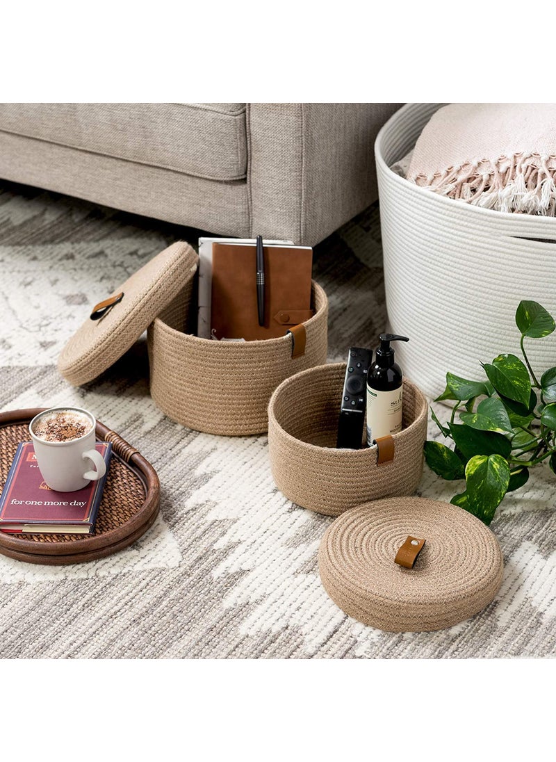 GRATIFY HOME boho round mini rope paper storage jute woven Shelf basket hamper baby nursery tray bucket organizer gifts set of 2 for kids toysfruitsliving roombathroomkitchenoffice set 2 Brown