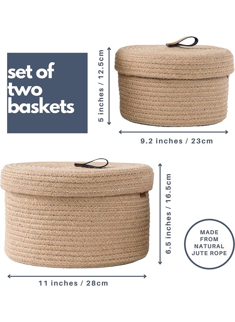 GRATIFY HOME boho round mini rope paper storage jute woven Shelf basket hamper baby nursery tray bucket organizer gifts set of 2 for kids toysfruitsliving roombathroomkitchenoffice set 2 Brown