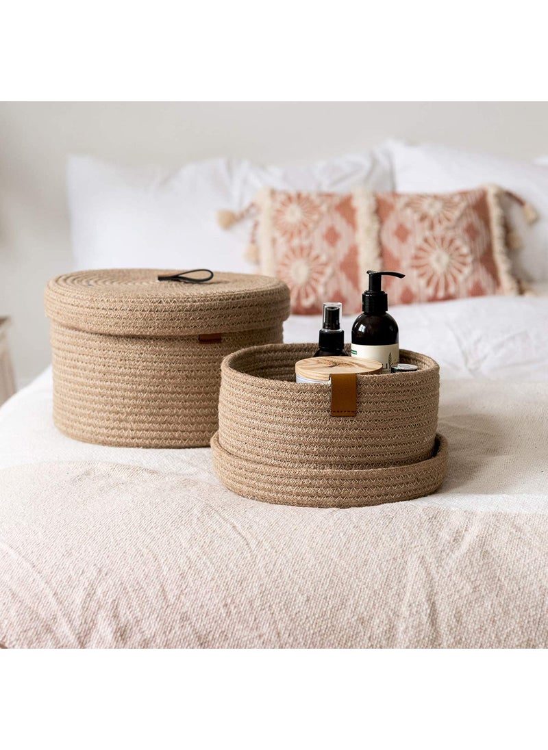 GRATIFY HOME boho round mini rope paper storage jute woven Shelf basket hamper baby nursery tray bucket organizer gifts set of 2 for kids toysfruitsliving roombathroomkitchenoffice set 2 Brown
