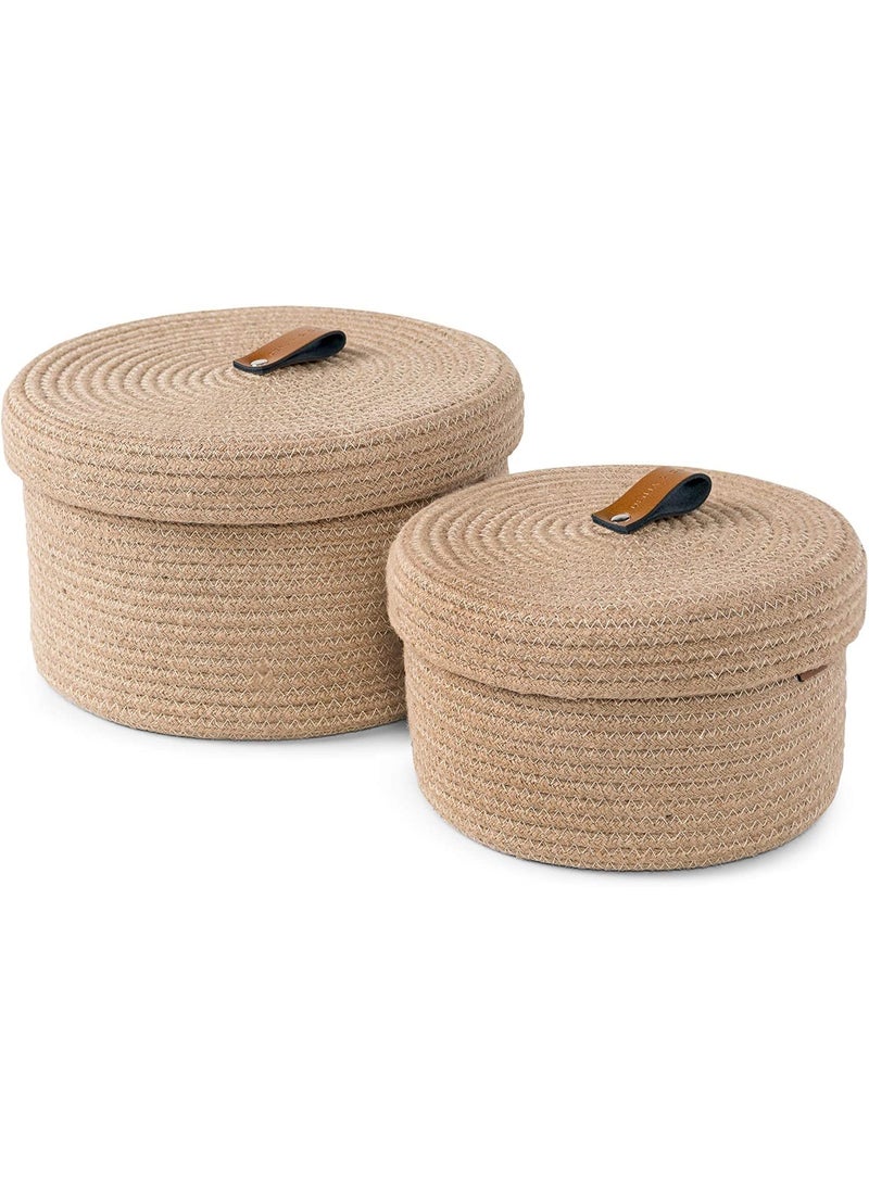 GRATIFY HOME boho round mini rope paper storage jute woven Shelf basket hamper baby nursery tray bucket organizer gifts set of 2 for kids toysfruitsliving roombathroomkitchenoffice set 2 Brown