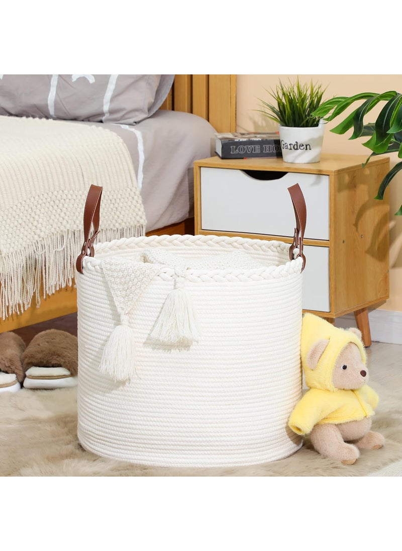 KAKAMAY Large Blanket Basket 18x16Woven Baby Laundry HamperCotton Rope Blanket Basket for Nursery Laundry Living Room Pillows Baby Toy chest with Leather Handles White