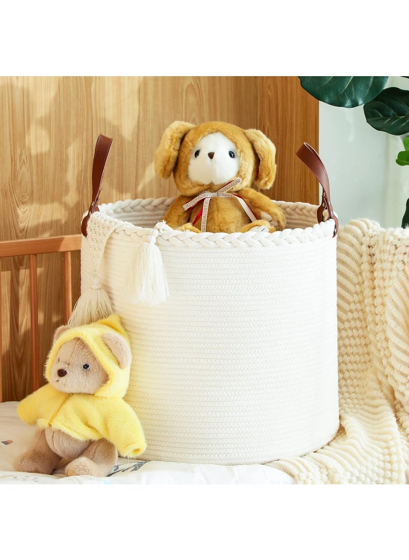 KAKAMAY Large Blanket Basket 18x16Woven Baby Laundry HamperCotton Rope Blanket Basket for Nursery Laundry Living Room Pillows Baby Toy chest with Leather Handles White
