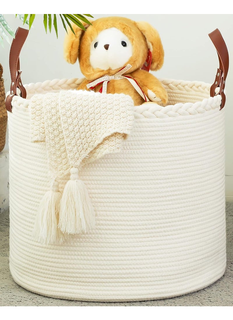 KAKAMAY Large Blanket Basket 18x16Woven Baby Laundry HamperCotton Rope Blanket Basket for Nursery Laundry Living Room Pillows Baby Toy chest with Leather Handles White