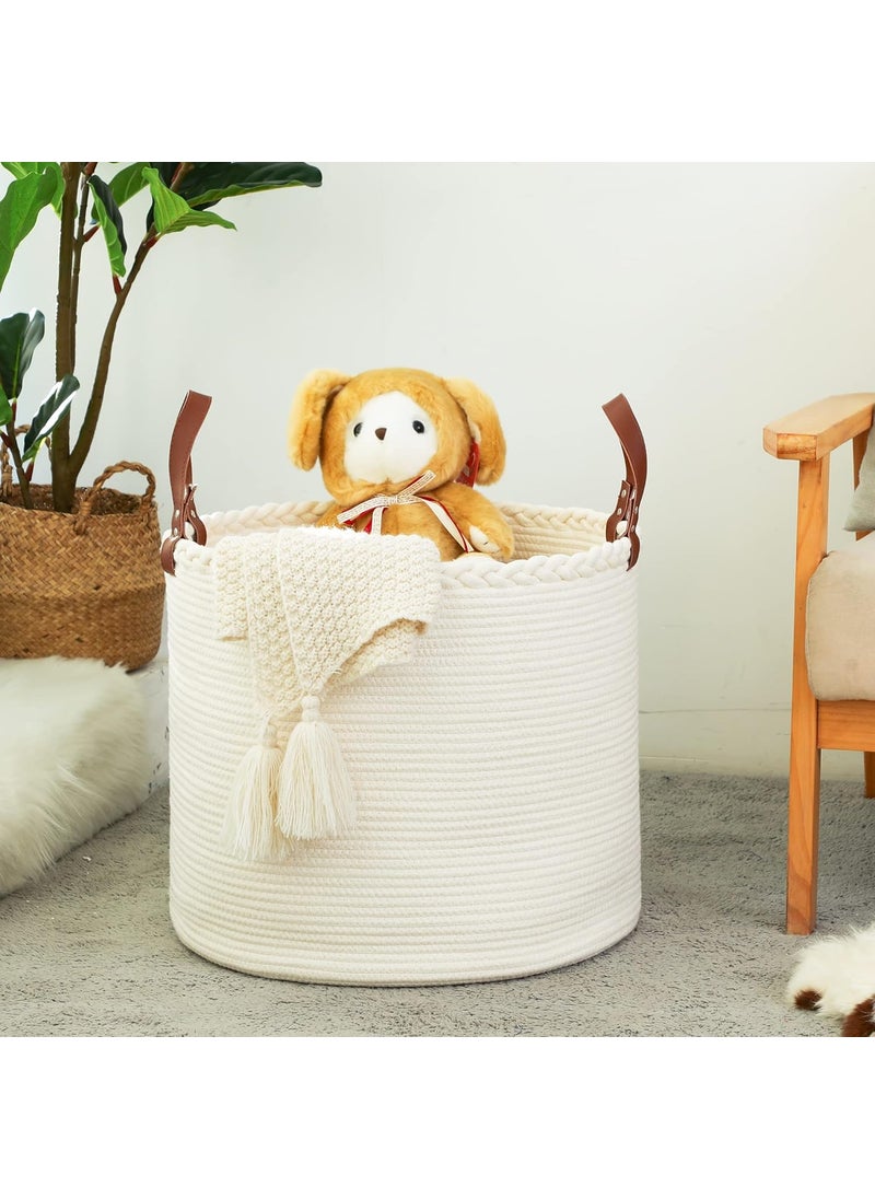 KAKAMAY Large Blanket Basket 18x16Woven Baby Laundry HamperCotton Rope Blanket Basket for Nursery Laundry Living Room Pillows Baby Toy chest with Leather Handles White