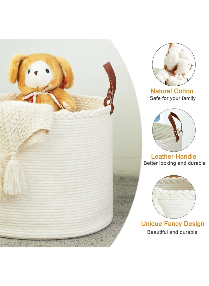 KAKAMAY Large Blanket Basket 18x16Woven Baby Laundry HamperCotton Rope Blanket Basket for Nursery Laundry Living Room Pillows Baby Toy chest with Leather Handles White