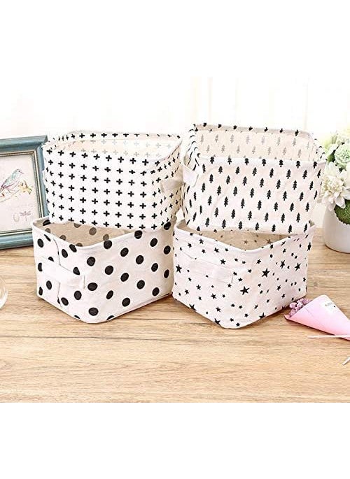 NEEL HOUSE Collapsible Small Canvas Fabric Storage Basket with Handles Rectangle Mini Storage Box Cube Foldable Shelf Basket Closet Desk Drawer Organizer for Nursery Home OfficePACK OF 4