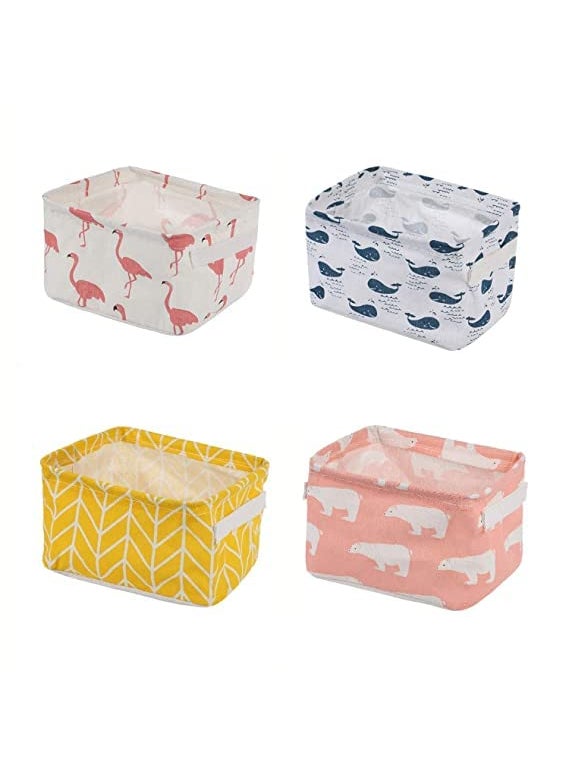 HETANSHICON Mini Storage Basket Pack of 4Containers Organizers with Handle for Home Decor Blend Storage Bins for Makeup Book Baby Toy in Multi color Multi Print