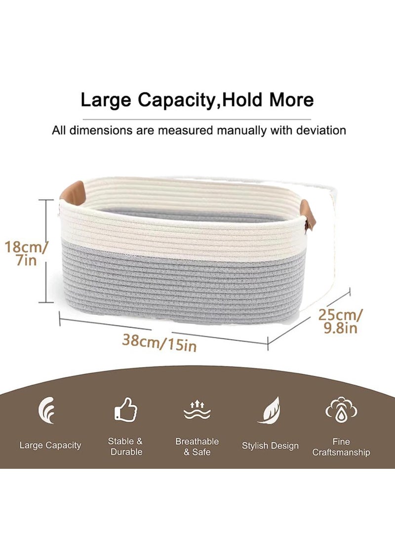 vihs Rectangle Jute Rope Woven Basket with Handles for Books Magazines Toys Decorative Rectangle Basket for Baby Nursery Living Room Bathroom Silver white15 x 98 x 7inches
