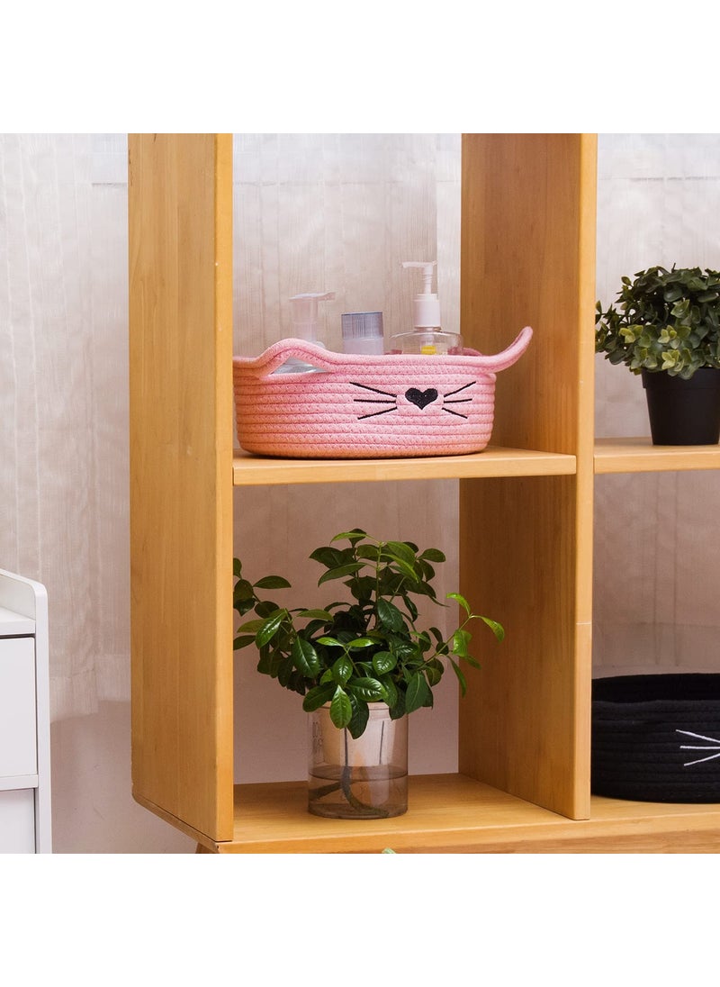 Gleckn Small Woven Basket Cotton Rope Basket With Cat Ears Little Storage Baskets For Organizing Bins Organizer Wicker Nursery Room For Kids Baby Dog Toy Drawer Gifts 95X85X4 Pink