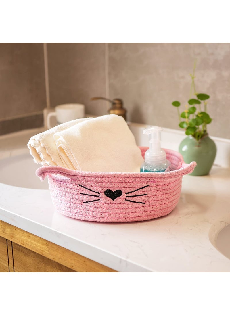 Gleckn Small Woven Basket Cotton Rope Basket With Cat Ears Little Storage Baskets For Organizing Bins Organizer Wicker Nursery Room For Kids Baby Dog Toy Drawer Gifts 95X85X4 Pink