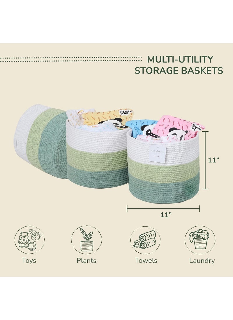 The Fine Living Company Recycled Cotton Rope Basket MutiPurpose Woven Medium 11 X 11 X 11 Inches Nursery Kids Room Organizer Fits 12X12 Cube Shelves Set of 3 White Green