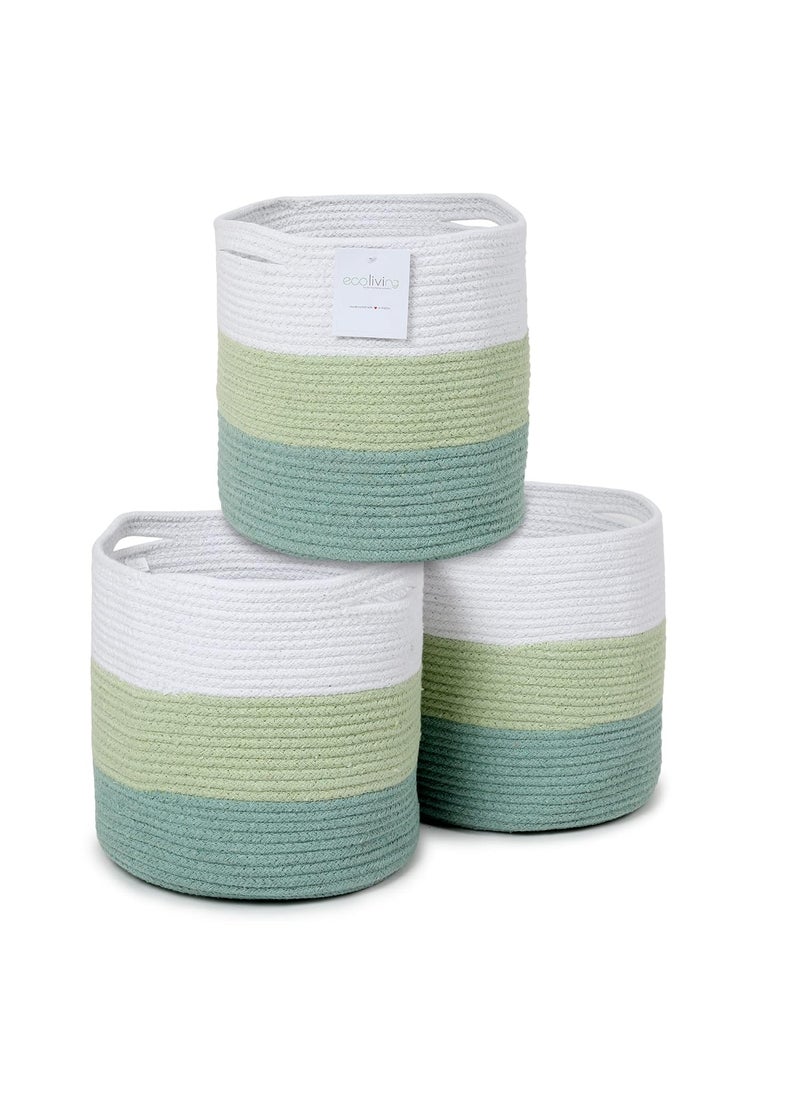 The Fine Living Company Recycled Cotton Rope Basket MutiPurpose Woven Medium 11 X 11 X 11 Inches Nursery Kids Room Organizer Fits 12X12 Cube Shelves Set of 3 White Green