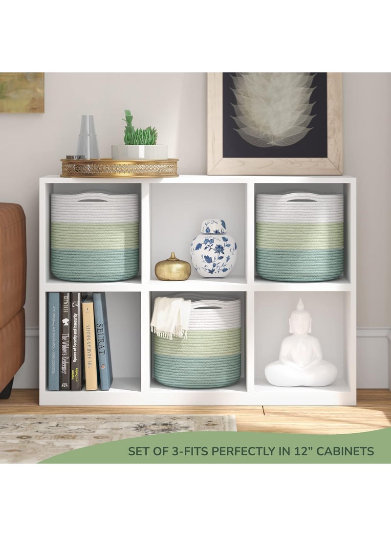 The Fine Living Company Recycled Cotton Rope Basket MutiPurpose Woven Medium 11 X 11 X 11 Inches Nursery Kids Room Organizer Fits 12X12 Cube Shelves Set of 3 White Green