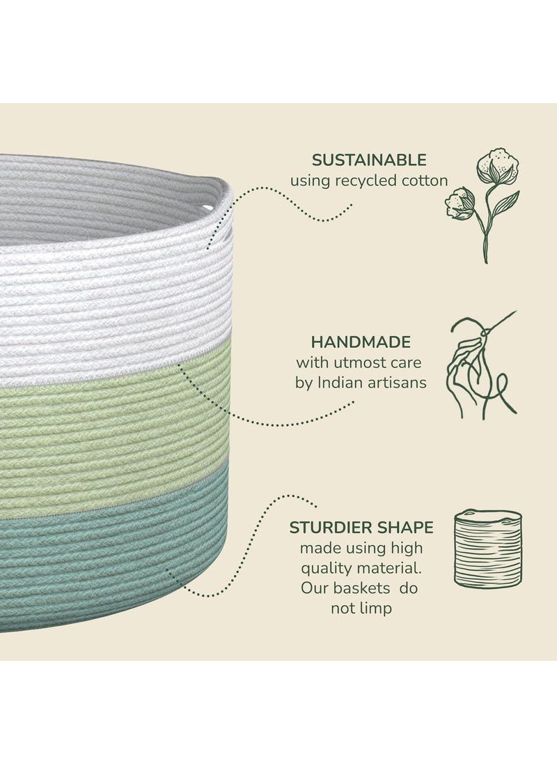 The Fine Living Company Recycled Cotton Rope Basket MutiPurpose Woven Medium 11 X 11 X 11 Inches Nursery Kids Room Organizer Fits 12X12 Cube Shelves Set of 3 White Green