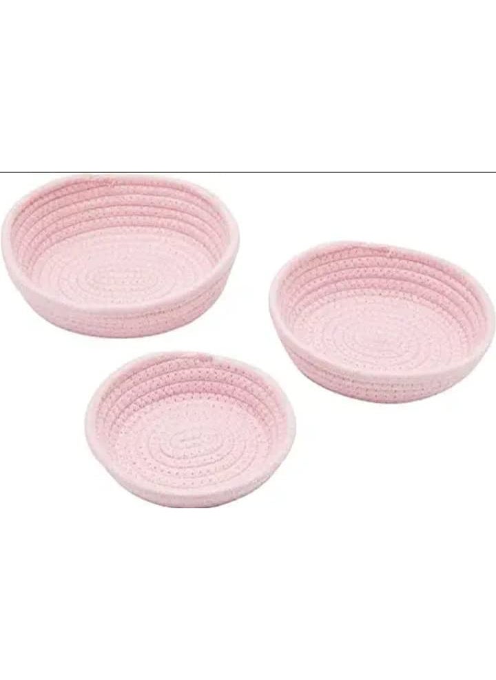 Gleckn Small Box Mini Rope Paper Storage Jute Basket Woven Bag Hamper Baby Nursery Tray Bucket Organizer Set Of 3 For Kids Toys Fruits Kitchen Office Shelf Pink