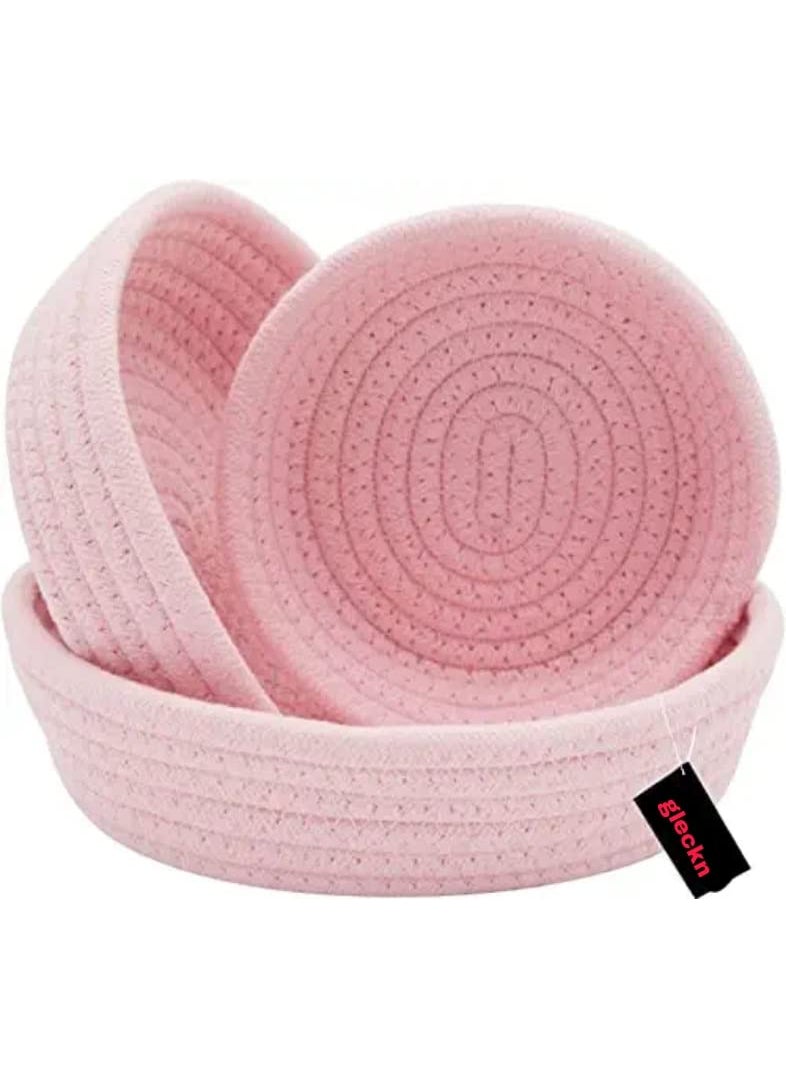 Gleckn Small Box Mini Rope Paper Storage Jute Basket Woven Bag Hamper Baby Nursery Tray Bucket Organizer Set Of 3 For Kids Toys Fruits Kitchen Office Shelf Pink