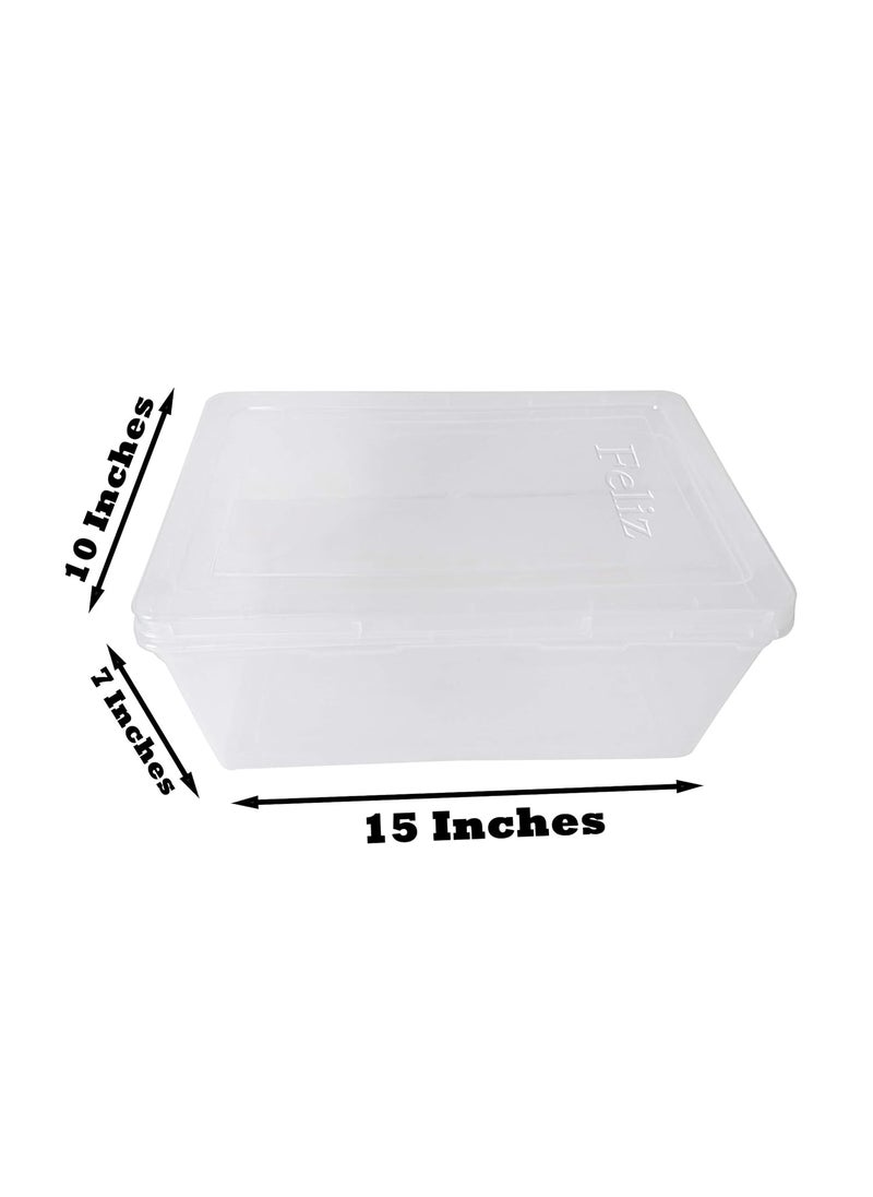 Feliz Clear Plastic Extra Large Storage Boxes Set of 3 Transparent Size 15x10x7 inches Fully Detachable lid Rectangular