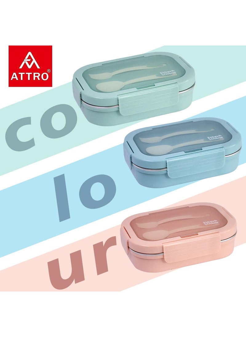 Attro Munch Deluxe Insulated Lunch Box with 3 Compartments 2 Spoons Stylish Lid Made with Heavy Outer Platic Material Bpa Free Inner with SteelPerfect for SchoolOfficeCandy Pink 750 ML