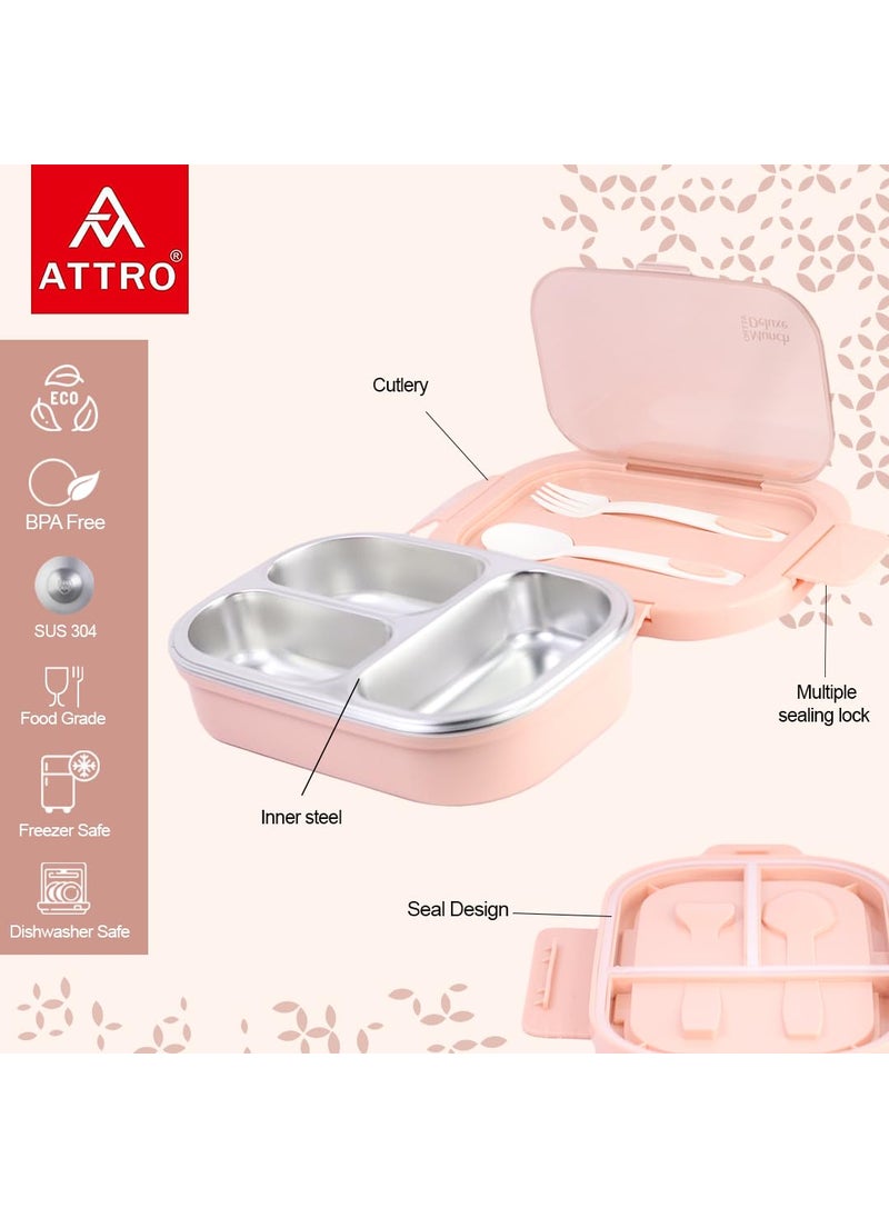 Attro Munch Deluxe Insulated Lunch Box with 3 Compartments 2 Spoons Stylish Lid Made with Heavy Outer Platic Material Bpa Free Inner with SteelPerfect for SchoolOfficeCandy Pink 750 ML