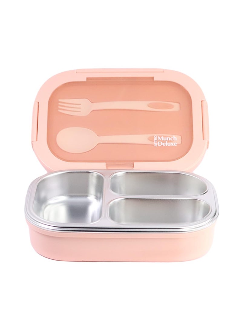 Attro Munch Deluxe Insulated Lunch Box with 3 Compartments 2 Spoons Stylish Lid Made with Heavy Outer Platic Material Bpa Free Inner with SteelPerfect for SchoolOfficeCandy Pink 750 ML