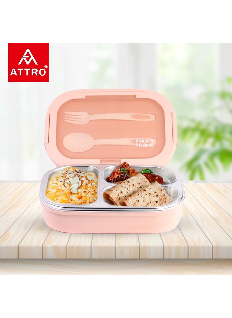 Attro Munch Deluxe Insulated Lunch Box with 3 Compartments 2 Spoons Stylish Lid Made with Heavy Outer Platic Material Bpa Free Inner with SteelPerfect for SchoolOfficeCandy Pink 750 ML