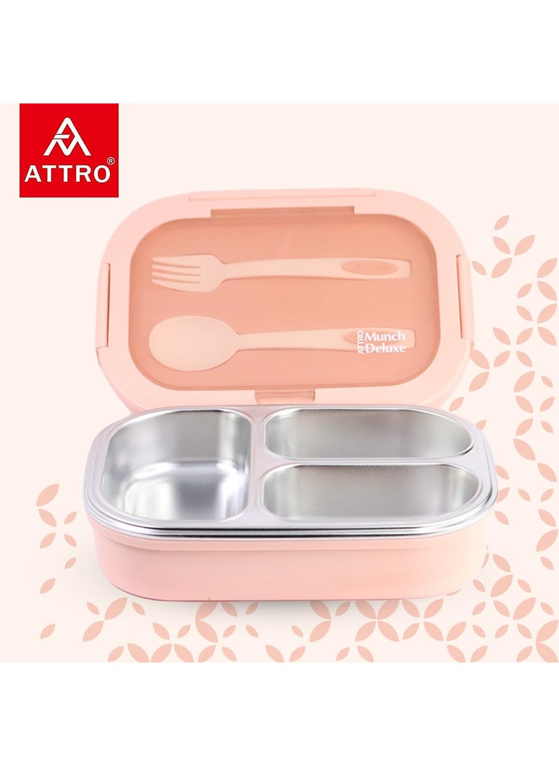 Attro Munch Deluxe Insulated Lunch Box with 3 Compartments 2 Spoons Stylish Lid Made with Heavy Outer Platic Material Bpa Free Inner with SteelPerfect for SchoolOfficeCandy Pink 750 ML