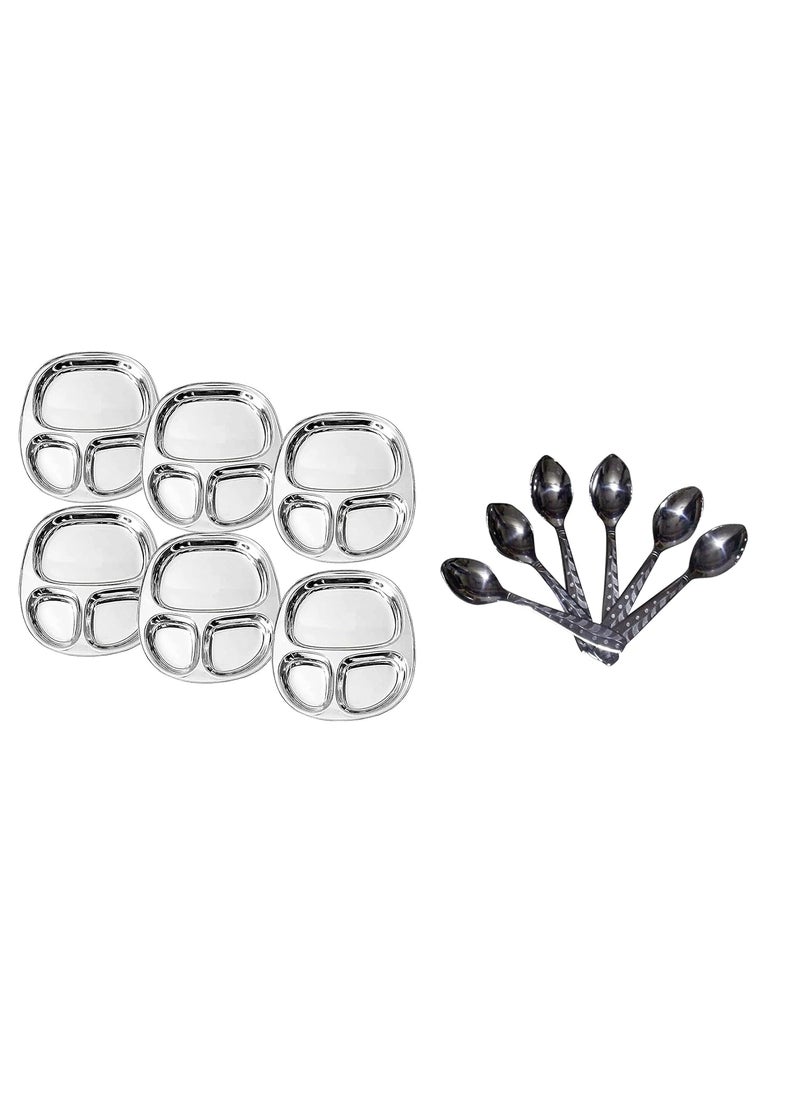 Dynore Stainless Steel 3 in 1 Three Compartment NastaSnacksKids Nasta PlatePartition Plate with Spoons Set of 12