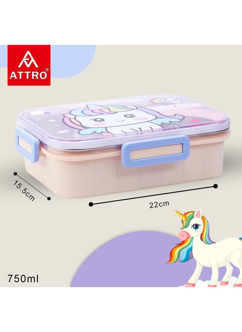 Attro Hi Lunch Deluxe 3 Box with Inner Stainless Steel 3 Compartment Unicorn Theme Eye Catchy Design Food Grade Leakproof Vacuum Seal Design Use for School Kids Outdoor 750ml Pink Unicorn