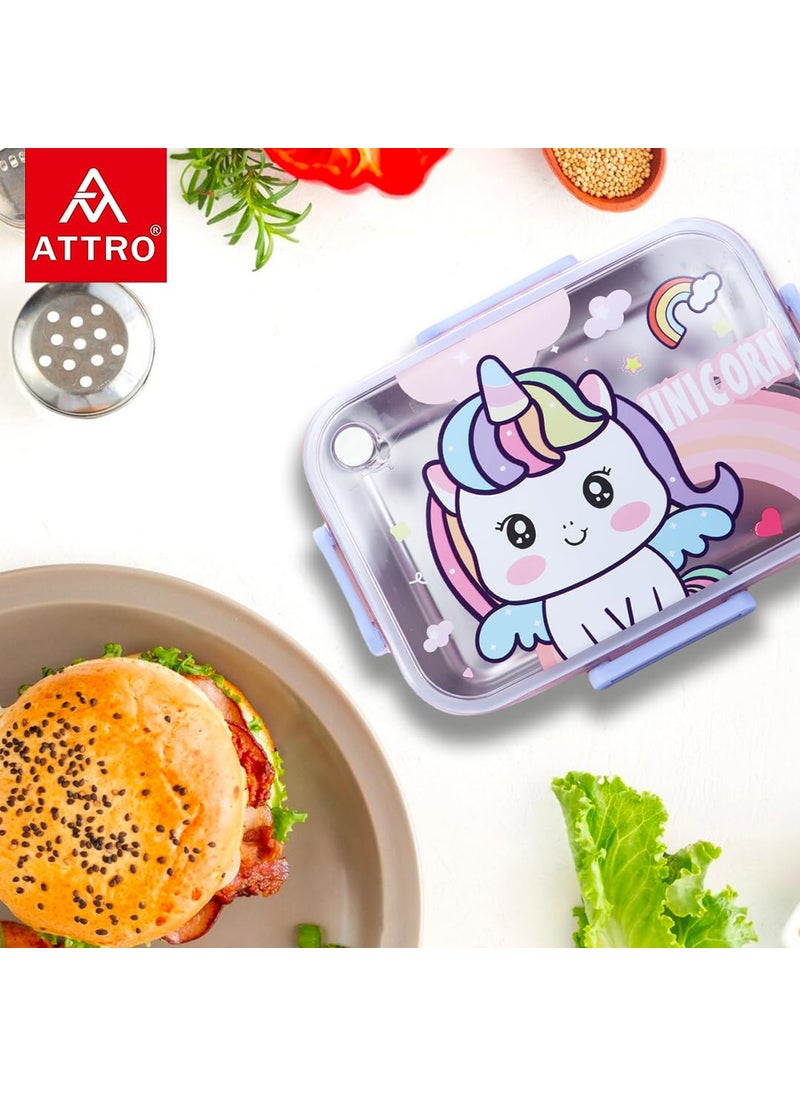 Attro Hi Lunch Deluxe 3 Box with Inner Stainless Steel 3 Compartment Unicorn Theme Eye Catchy Design Food Grade Leakproof Vacuum Seal Design Use for School Kids Outdoor 750ml Pink Unicorn