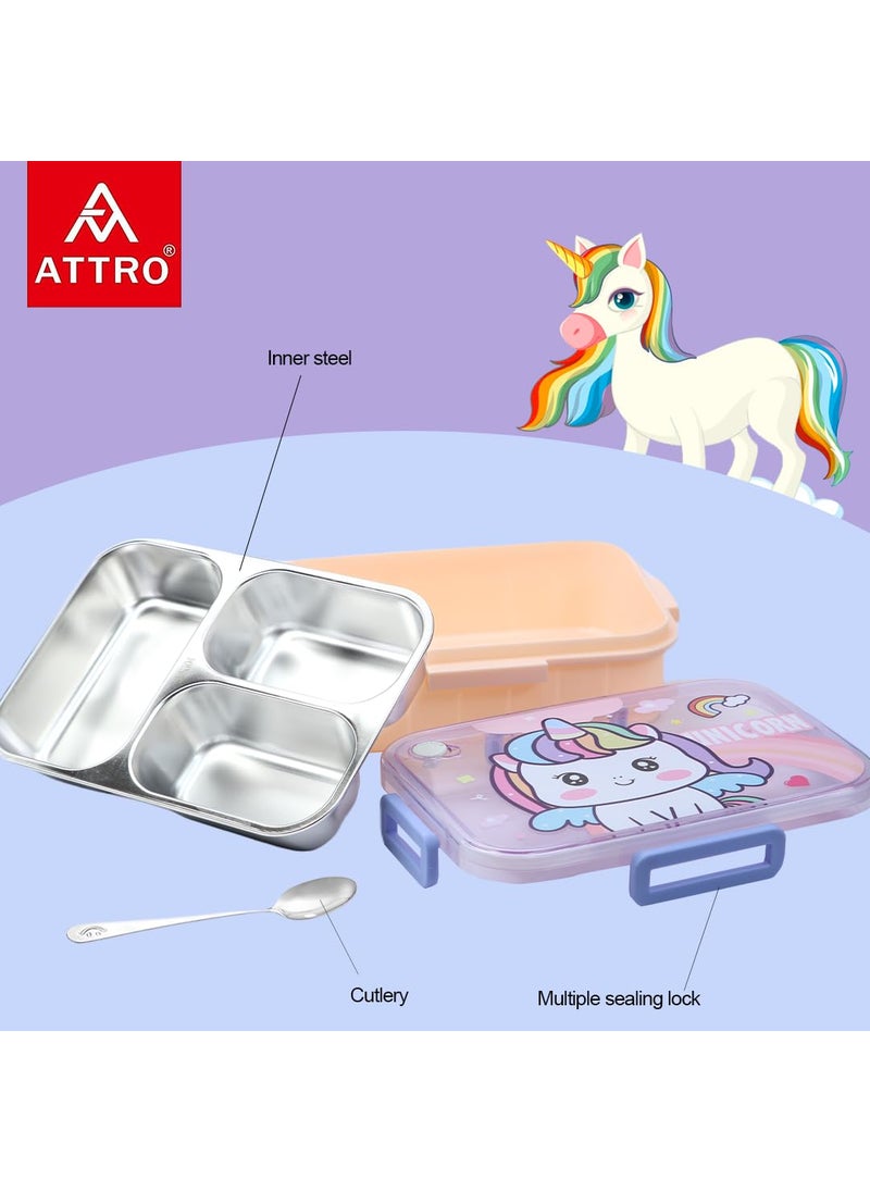Attro Hi Lunch Deluxe 3 Box with Inner Stainless Steel 3 Compartment Unicorn Theme Eye Catchy Design Food Grade Leakproof Vacuum Seal Design Use for School Kids Outdoor 750ml Pink Unicorn