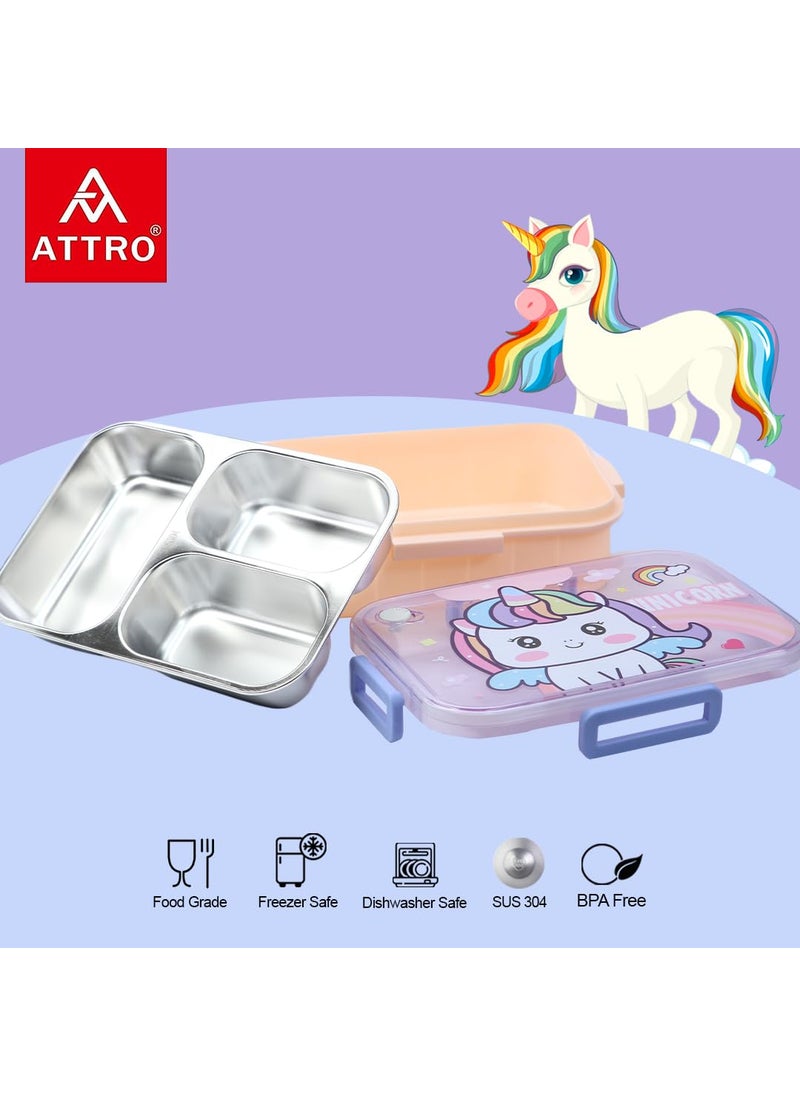 Attro Hi Lunch Deluxe 3 Box with Inner Stainless Steel 3 Compartment Unicorn Theme Eye Catchy Design Food Grade Leakproof Vacuum Seal Design Use for School Kids Outdoor 750ml Pink Unicorn