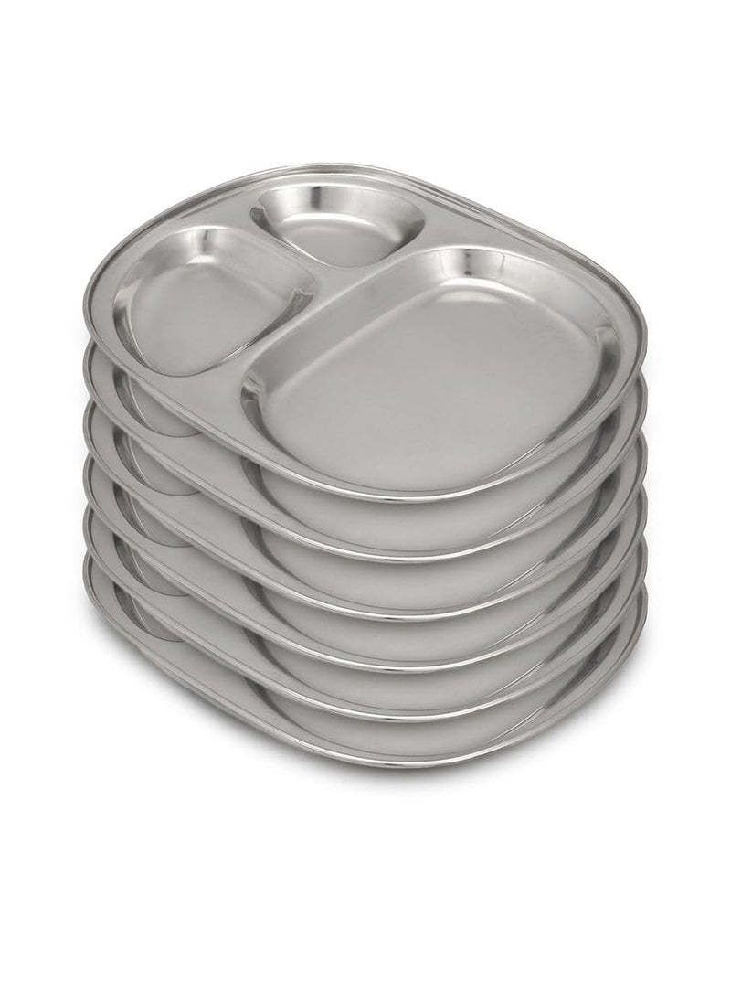 Dynore Stainless Steel 3 in 1 Three Compartment NastaSnacksKids Nasta PlatePartition Plate Set of 6