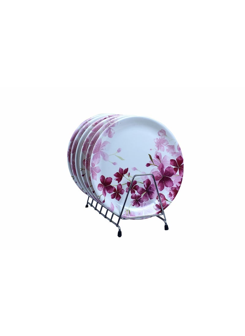 DRIZLING Melamine Round Premium Starter Floral Printed Dinner White Plates Set of 6 Size 10Inches Design12