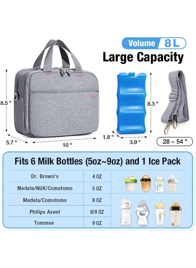 Lekebaby Breast Milk Cooler Bag with Contoured Ice Pack Fits 6 Breastmilk Baby Bottles Cooler Tote Bag for Nursing Mothers, Grey