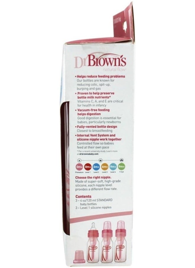 Dr. Brown's Baby Bottle, 4 Ounce, 3-Count - Pink
