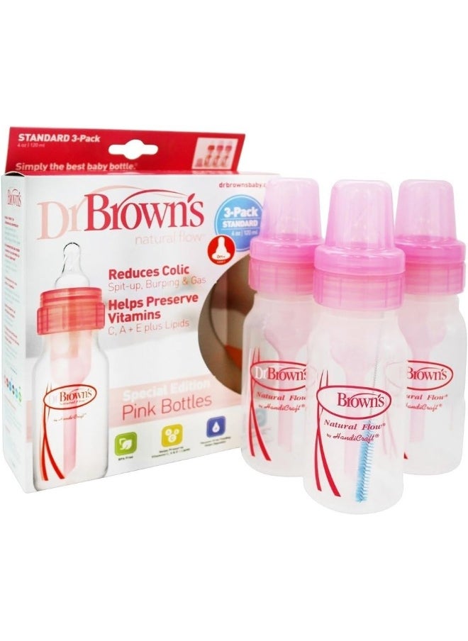 Dr. Brown's Baby Bottle, 4 Ounce, 3-Count - Pink