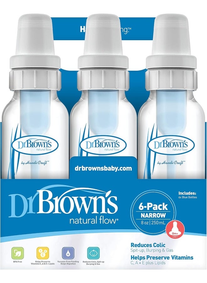 Dr. Brown's DR Natural Flow Feeding Bottle 6PK Clear with Blue Writing - 250ML(8OZ) (Standard)