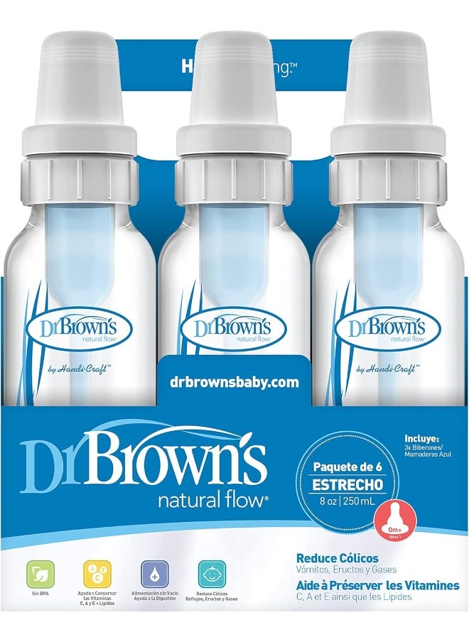 Dr. Brown's DR Natural Flow Feeding Bottle 6PK Clear with Blue Writing - 250ML(8OZ) (Standard)