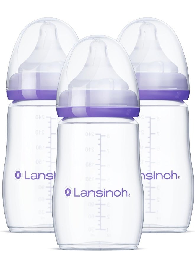 Lansinoh Baby Bottles for Breastfeeding Babies, 8 Ounces, 3 Count, Includes 3 Medium Flow (Size 3M)