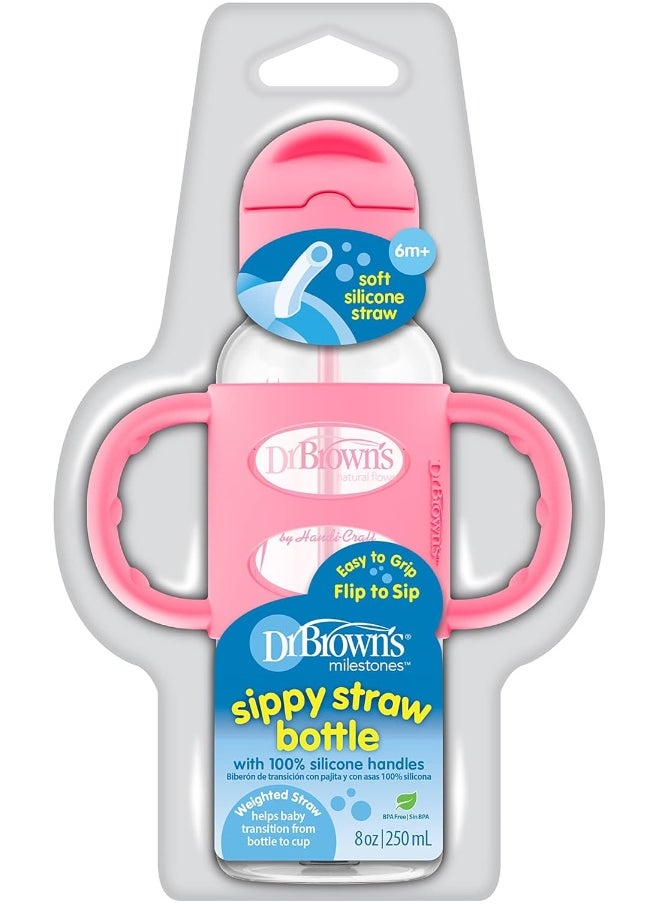 Dr. Brown's Sippy Straw Bottle with Silicone Handles, Pink, 8 oz