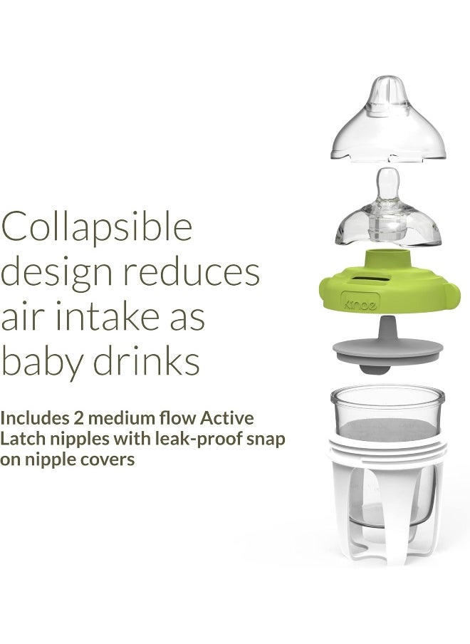Kiinde Active Latch Silicone Baby Bottle, Anti Colic, Leak Proof, Easy to Clean, Includes 2 Medium Flow Active Latch with Covers, 4 Ounce, 2 Count, Green