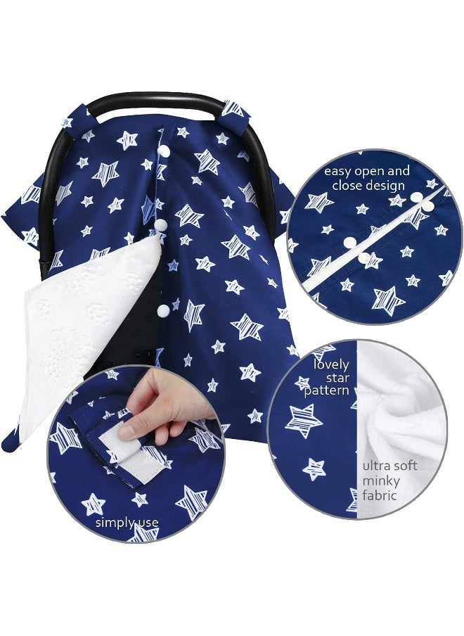 Moonsea Baby Carseat Canopy Nursing Cover, Car Seat Canopy for Girls or Boys, Navy Star Print Infant Car Seat Canopy with Soft Minky Fabric Back, for Breastfeeding Moms
