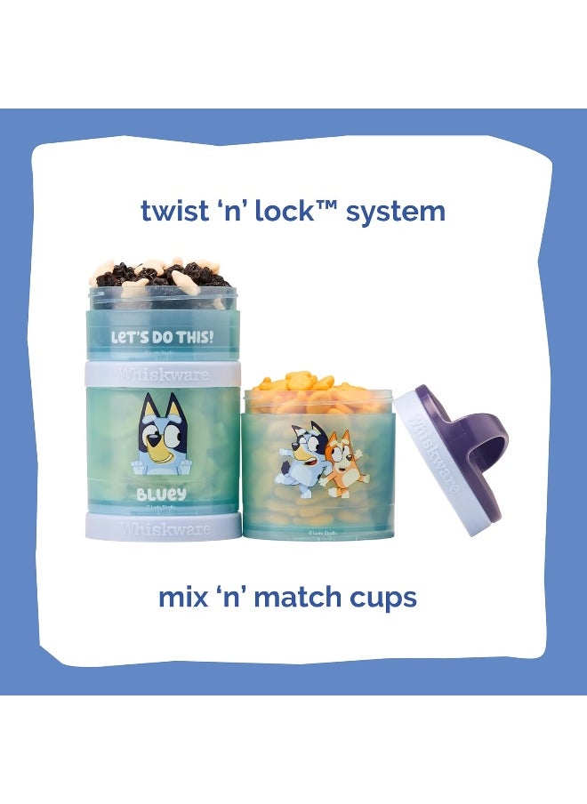 Whiskware Bluey Stackable Snack Containers for Kids and Toddlers, 3 Stackable Snack Cups for School and Travel, Bluey and Bingo, Let’s Do This!
