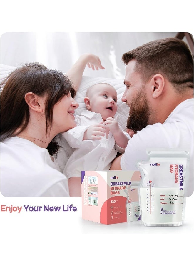 Nuliie 120 Pcs Breastmilk Storage Bags, 8 OZ Breast Milk Storing Bags, BPA-Free, Milk Storage Bags with Pour Spout for Breastfeeding, Self-Standing Bag, Space Saving Flat Profile