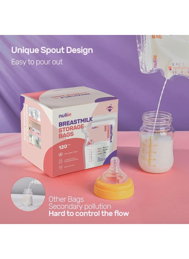 Nuliie 120 Pcs Breastmilk Storage Bags, 8 OZ Breast Milk Storing Bags, BPA-Free, Milk Storage Bags with Pour Spout for Breastfeeding, Self-Standing Bag, Space Saving Flat Profile