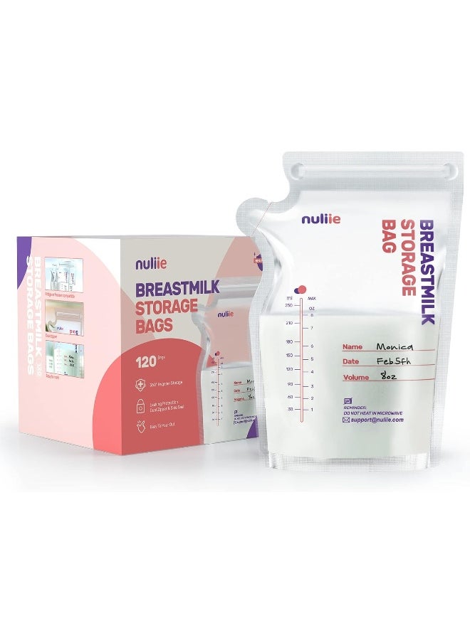 Nuliie 120 Pcs Breastmilk Storage Bags, 8 OZ Breast Milk Storing Bags, BPA-Free, Milk Storage Bags with Pour Spout for Breastfeeding, Self-Standing Bag, Space Saving Flat Profile