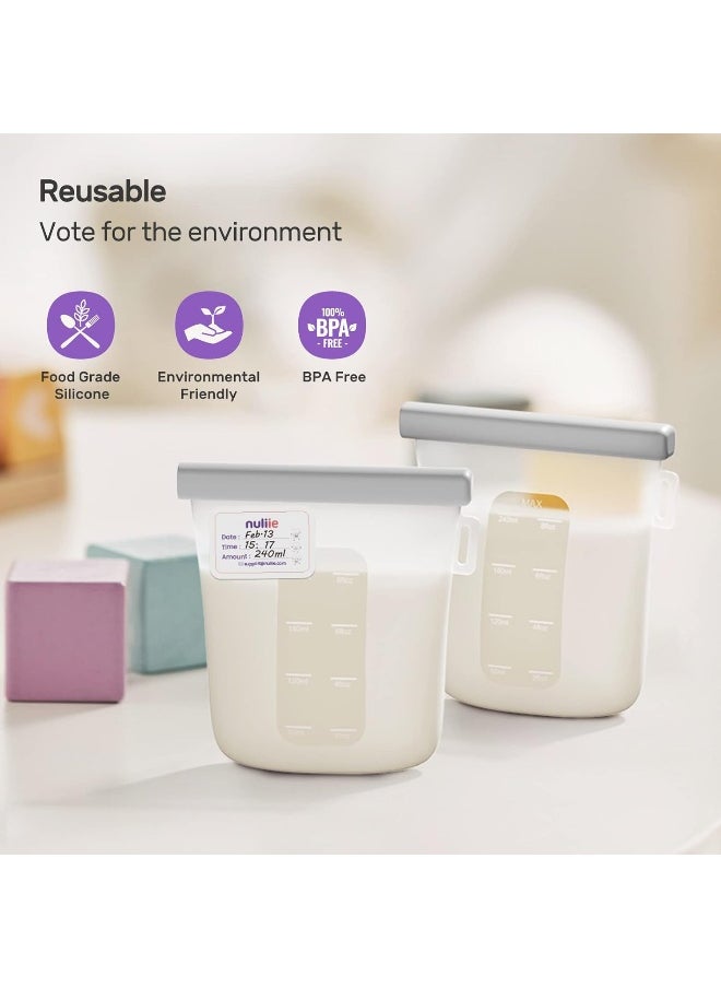 Nuliie 7 Pcs Silicone Breastmilk Storage Bags Reusable, 8oz/240ml Double Leak-Proof Breastmilk Freezer Bags, BPA Free Self-Standing Milk Bags for Breastfeeding, Baby Food Pouches