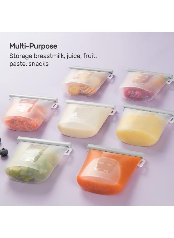 Nuliie 7 Pcs Silicone Breastmilk Storage Bags Reusable, 8oz/240ml Double Leak-Proof Breastmilk Freezer Bags, BPA Free Self-Standing Milk Bags for Breastfeeding, Baby Food Pouches